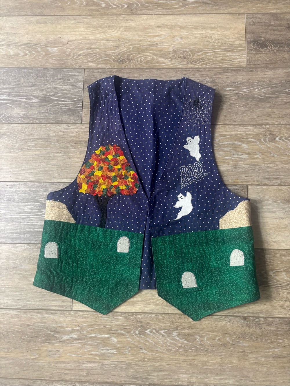 VTG Halloween Vest One Size Pumpkins Ghost Spider Graveyard Fall 90s Reversible